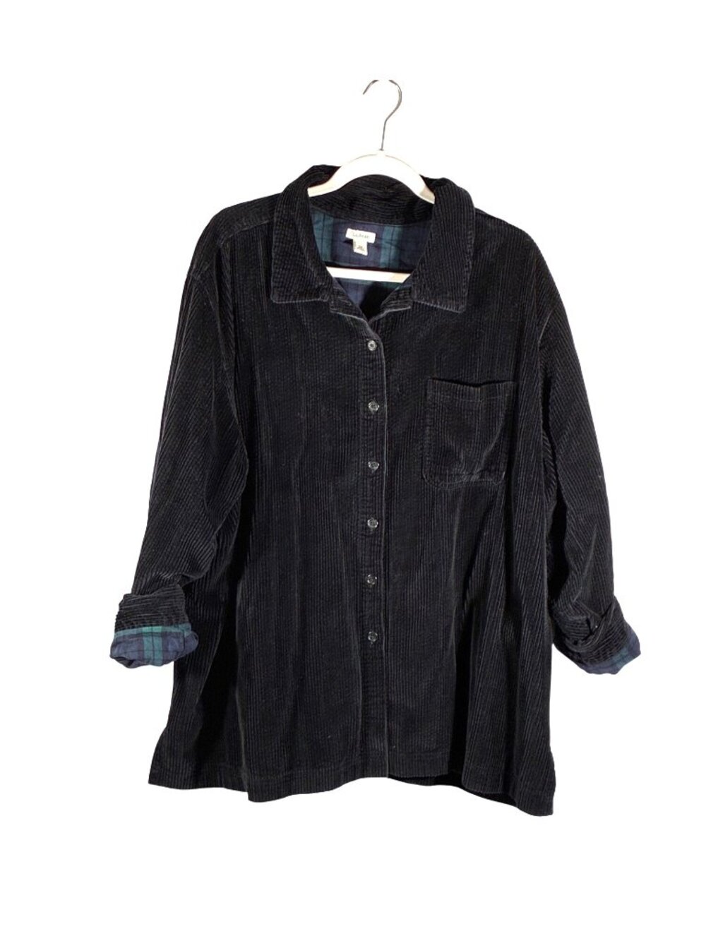 L.L. Bean Corduroy Button-Up Shirt Jacket 3X Plaid Lined Black 100% Cotton